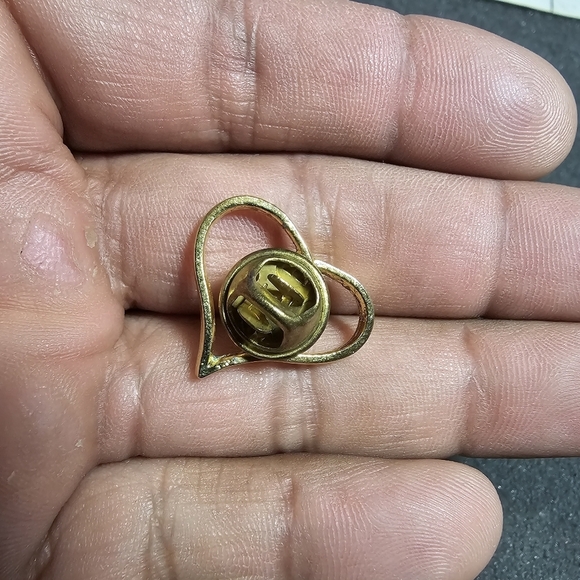 Gold Tone Heart Shapped Lapel Pin With Red Rhine Stone Pin Back shows signs of w - Picture 7 of 7